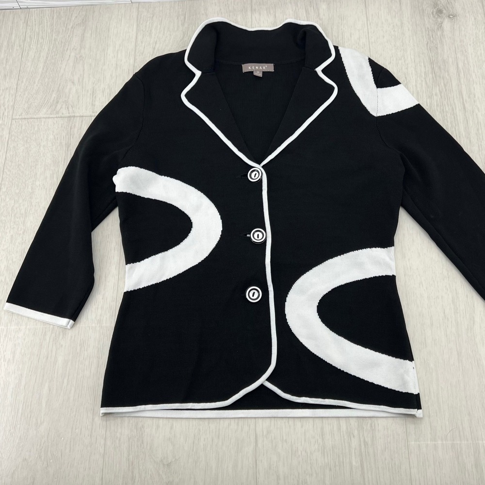 KENAR Black White Geometric Knit Cardigan Blazer‎ Jacket Womens M